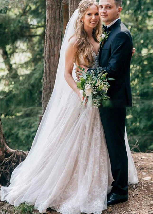 Sweetheart A Line Sleeveless Lace Appliques Tulle Country Bridal Gowns