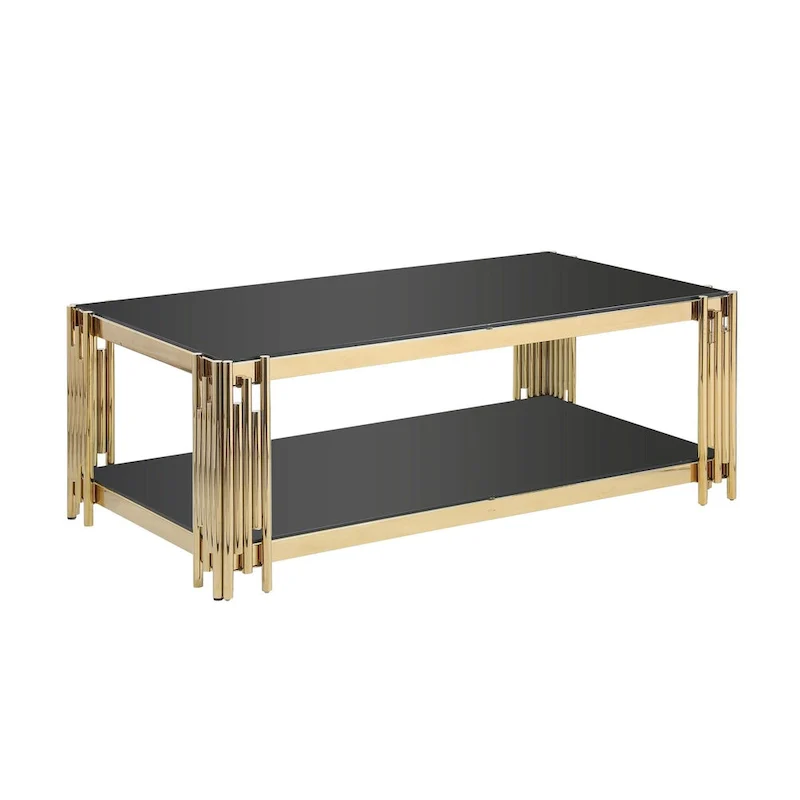 48  Wide Rectangular Coffee Table with Glass Top, Stainless Steel Double-Layer Coffee Table