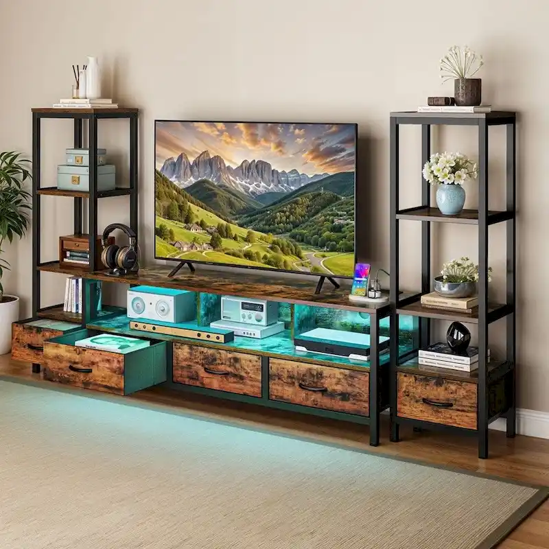 TV Stand with 4-Tier Bookcase and LED Lighting, Fits TVs up to 65 Inches - 58 Inches Wide, Rustic Brown