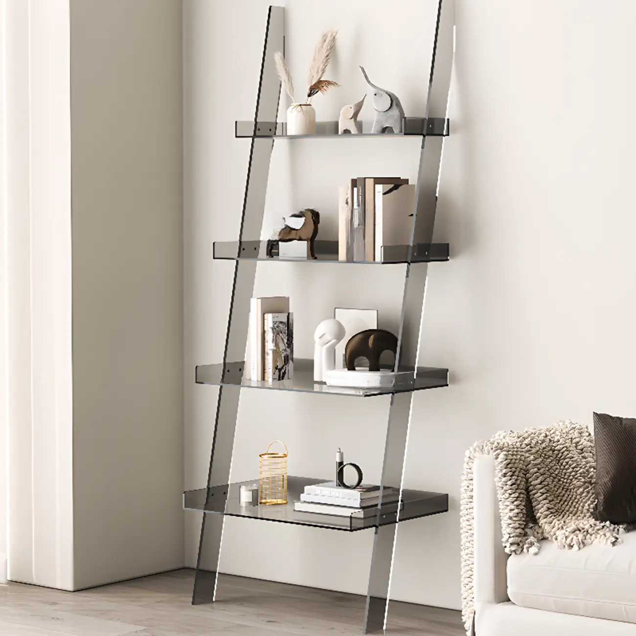 Black Plastic Leaning Ladder Bookcase with 4-Shelves
