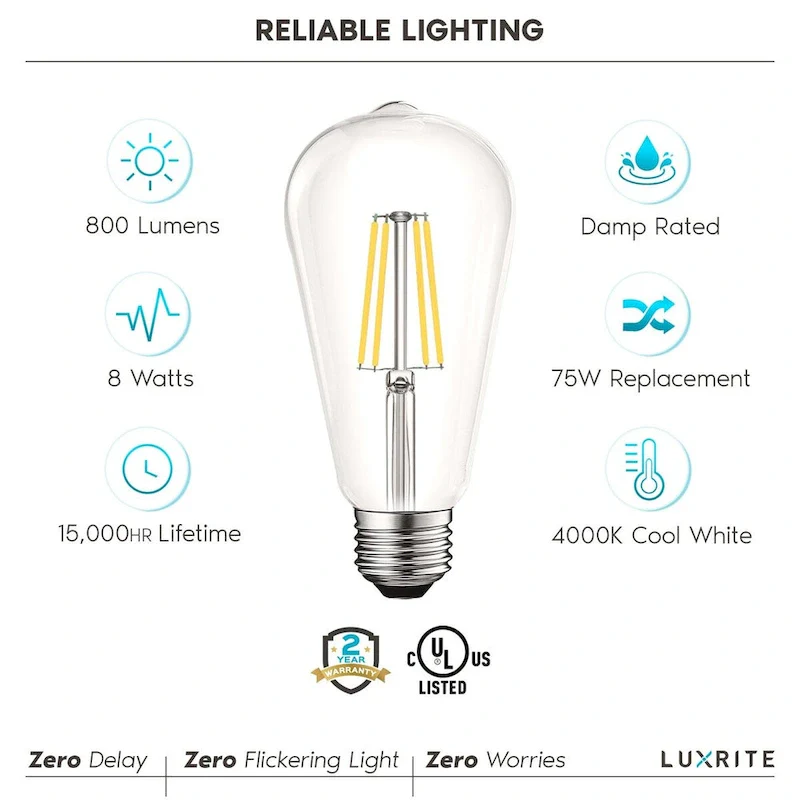 Luxrite LED Edison Bulbs 75W Equivalent ST19 ST58 4000K Cool White 800 Lumens Dimmable 8W Damp Rated UL E26 6 Pack