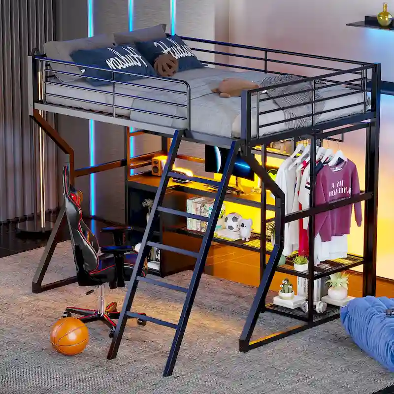 Black Full Size Metal Gaming Loft Bed with Desk, LED, Open Wardrobe & Storage | 350 lb