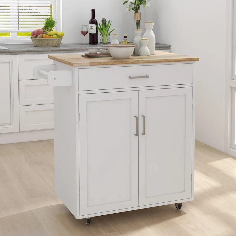 Rolling Kitchen Island Trolley Cart with Adjustable Shelves, Solid Wood Tabletop and Towel Rack