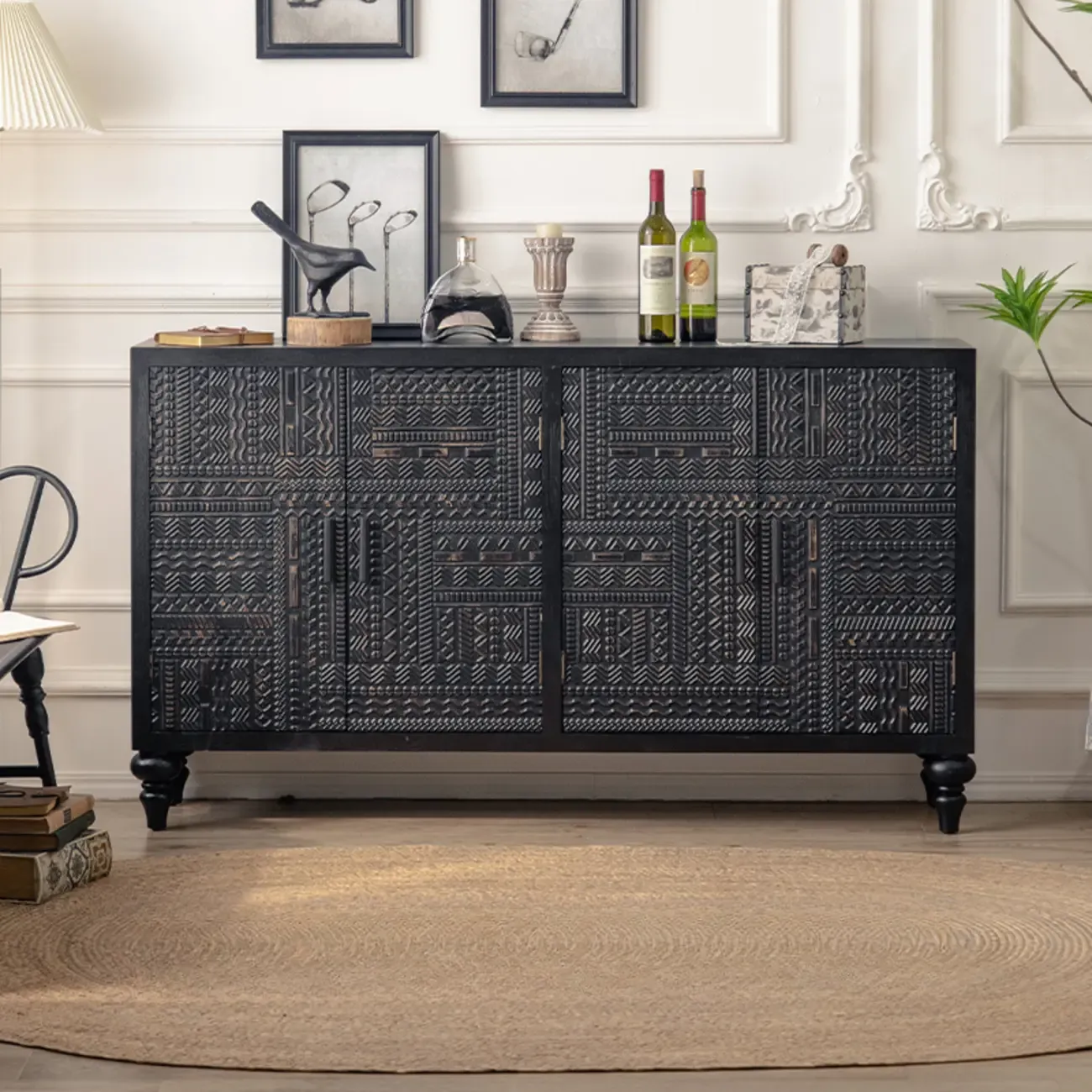 Artistic Pattern Wood Black Cabinet Sideboard in 3-Shelf