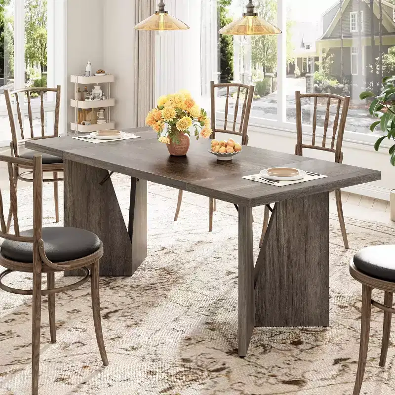 CuisinSmart 70.9'' Dining Table for 6, Farmhouse Rectangular Kitchen Table with Sturdy Frame, Wooden Thickened Long Desk and Dinner Desk