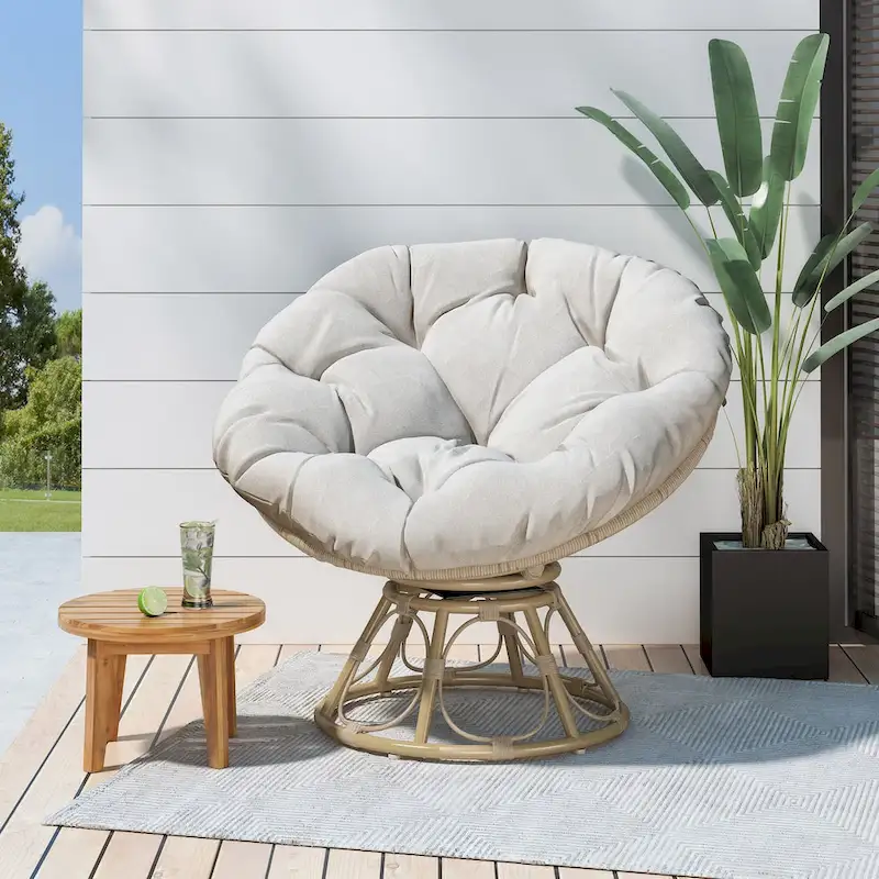 Brown Wicker Swivel Papasan Chair with Tufted Fabric Cushion