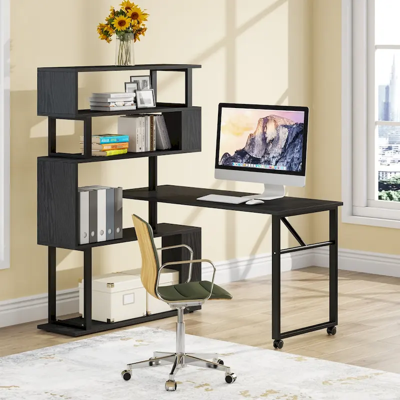 L-Shaped Rotating Computer Desk with 5 Shelves Bookshelf