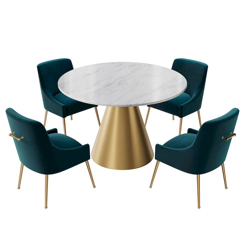 48 Marble Top Metal Dining Table with Velvet Dining Chair Set