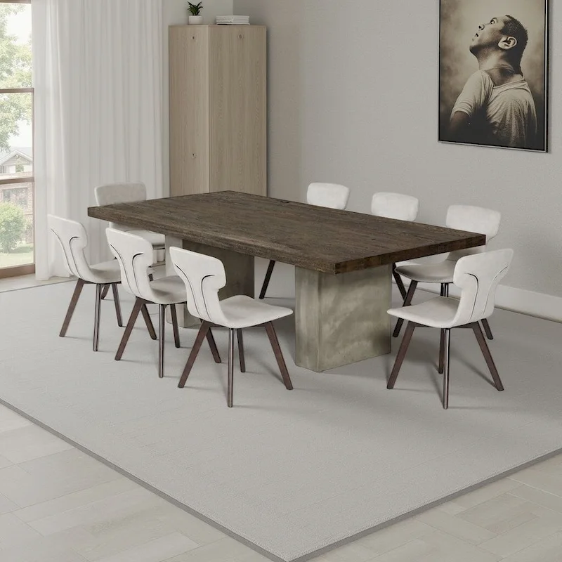 Cid Ari Dining Table, Concrete Base 118 Inch Rectangular Brown Oak Top