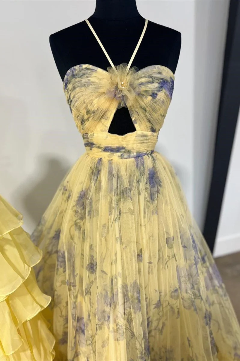 Pink Print Halter Keyhole A-Line Long Prom Dress