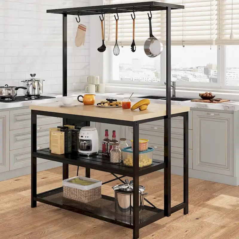 Natural / Brown / Beige Kitchen Island Table with 3-Tier Shelves, 5 Hooks & 4 Power Outlets – 4-Seater