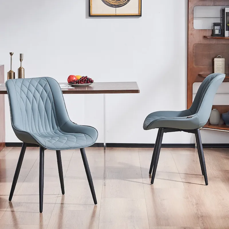Armless Dining Chair, Set of 2, Upholstered Leather Seat, Metal Frame — Black / White / Grey / Blue / Brown / Tan / Khaki / Green