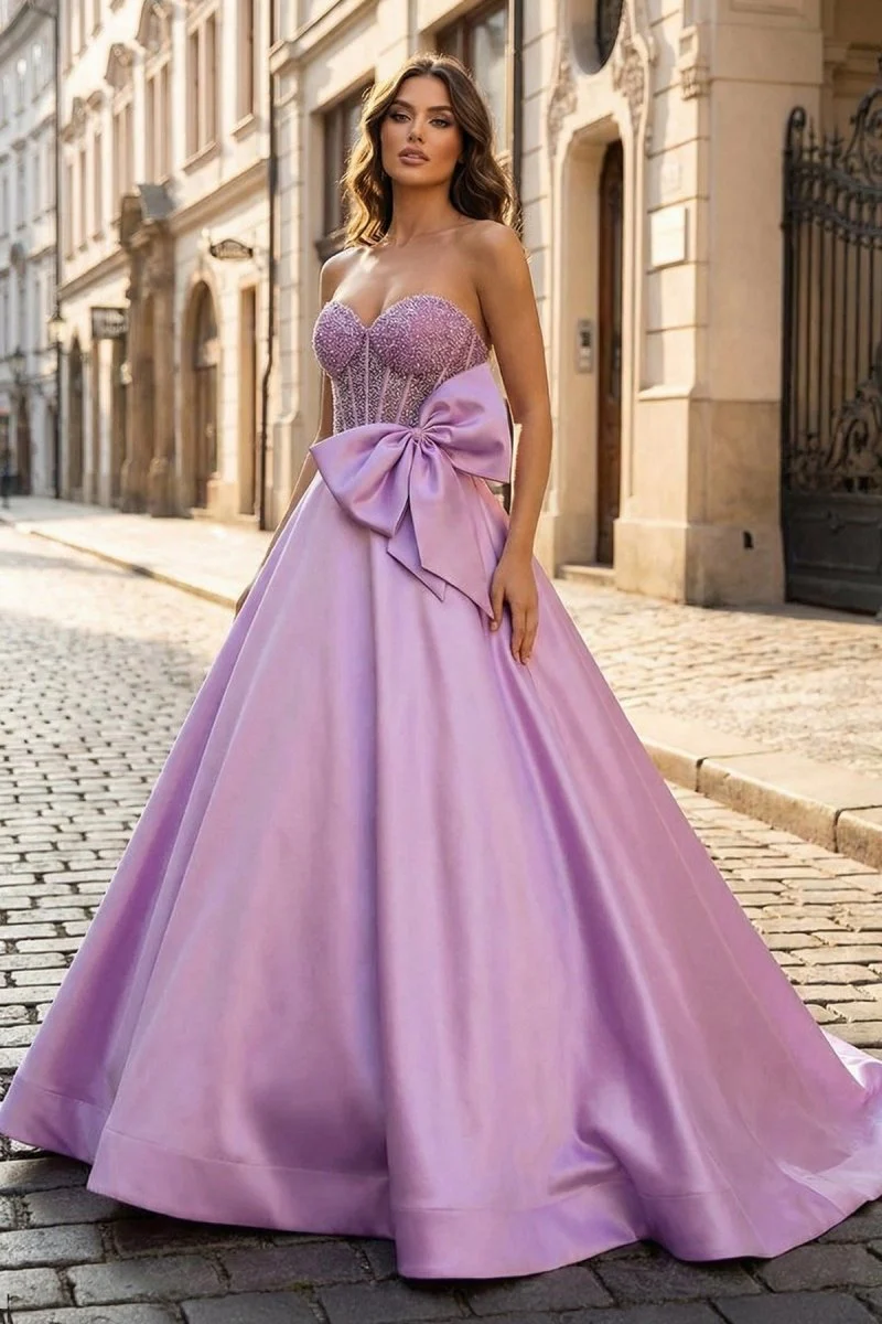 A-Line Sweetheart Lilac Beaded Long Prom Dresses With Bow