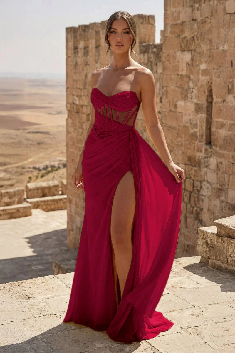 Yellow Strapless Sheath Pleated Long Prom Dresses With Slit