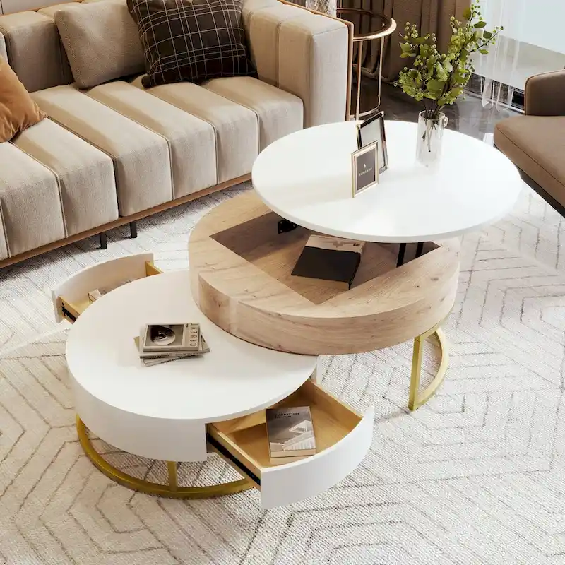 Modern Round Lift-top Nesting Coffee Tables with 2 Drawers