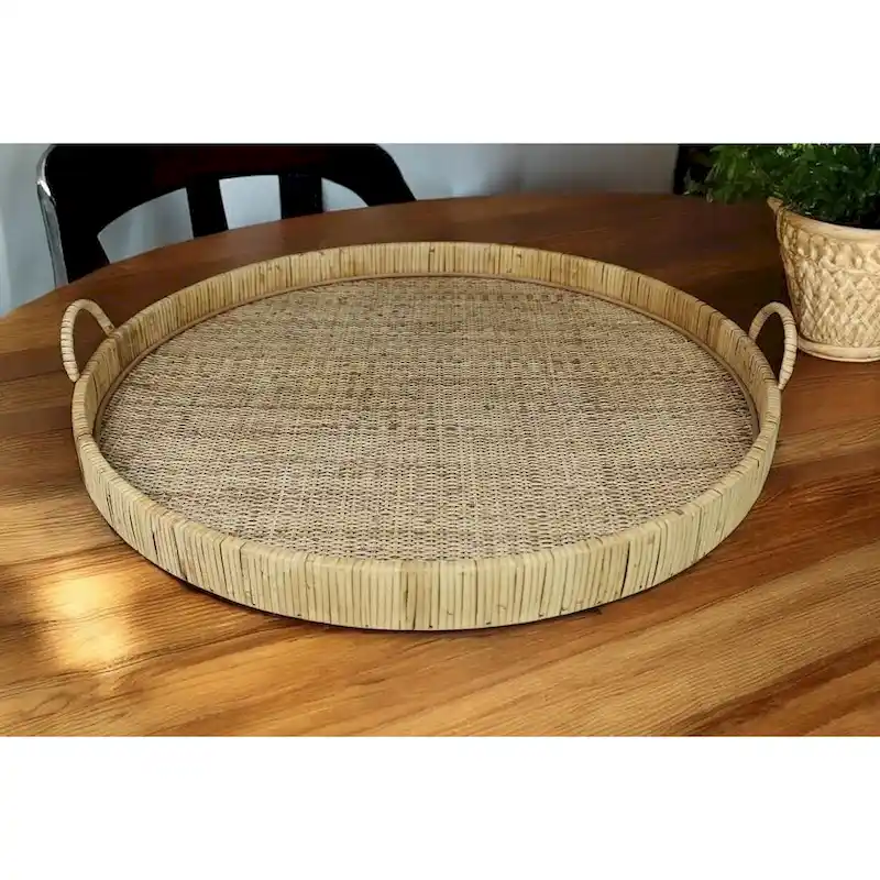 HomeRoots 28  Natural Rectangular Bamboo Serving Tray With Handles