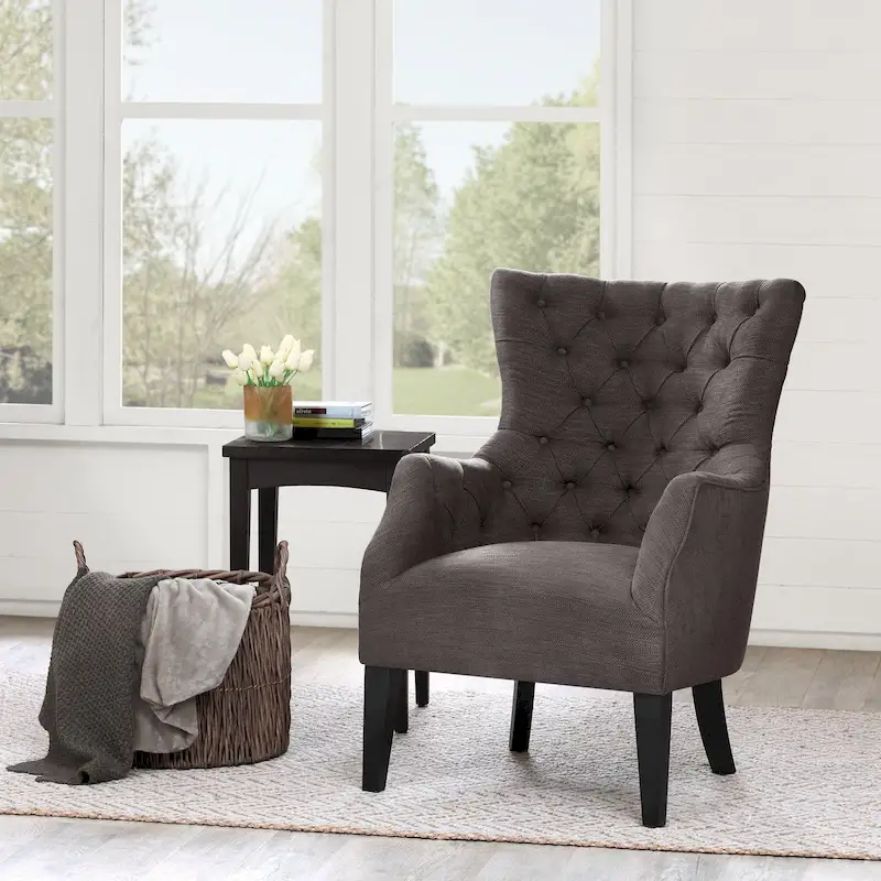 Button Tufted Herringbone Wing Back Chair