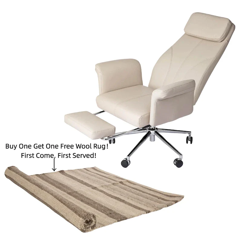 Ivory / Camel High-Back Swivel Office Chair with Footrest, Single, PU Leather + 5ft Wool Rug