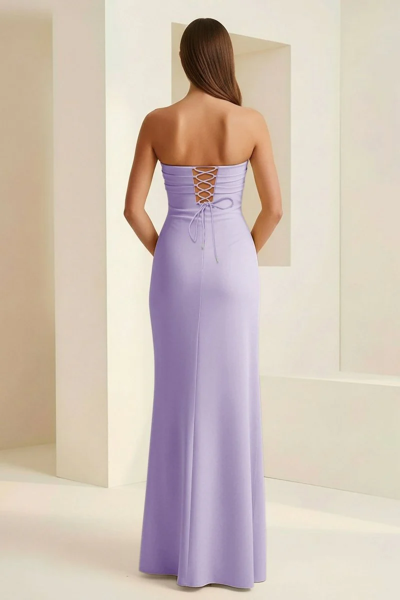 Lavender - Mermaid Strapless Satin Pleated Long Prom Dress with Slit
