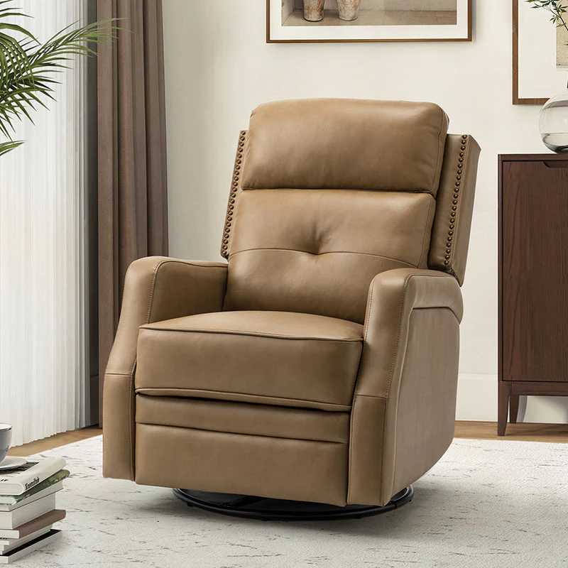 Genuine Leather Swivel Rocker Recliner with Nailhead Trim & Manual Recline | Taupe / Brown / Burgundy / Dove / Black / Camel / Navy / Sage / Turquoise / Beige | Single Seat