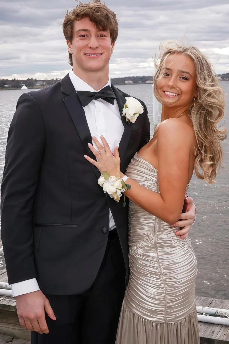 Champagne Mermaid Strapless Metallic Long Prom Dresses with Pleats