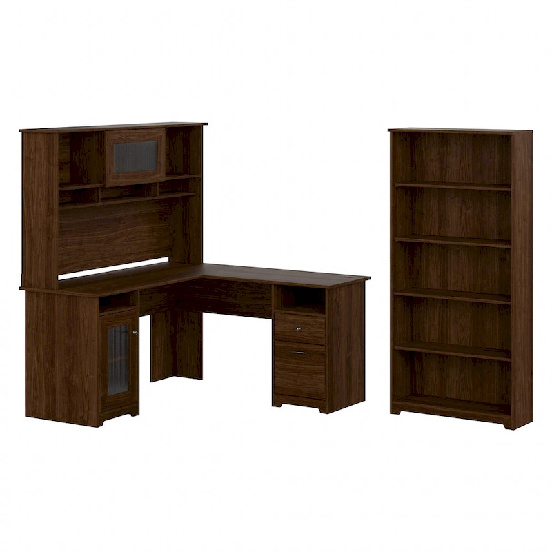 Cabot 60W L-Desk with Hutch and 5 Shelf Bookcase by Bush Furniture