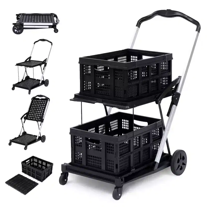 Heavy Duty Collapsible Utility Cart with Wheels - Folding Mobile Office Organizer and Rolling Multipurpose Storage Trolley - Portable Black