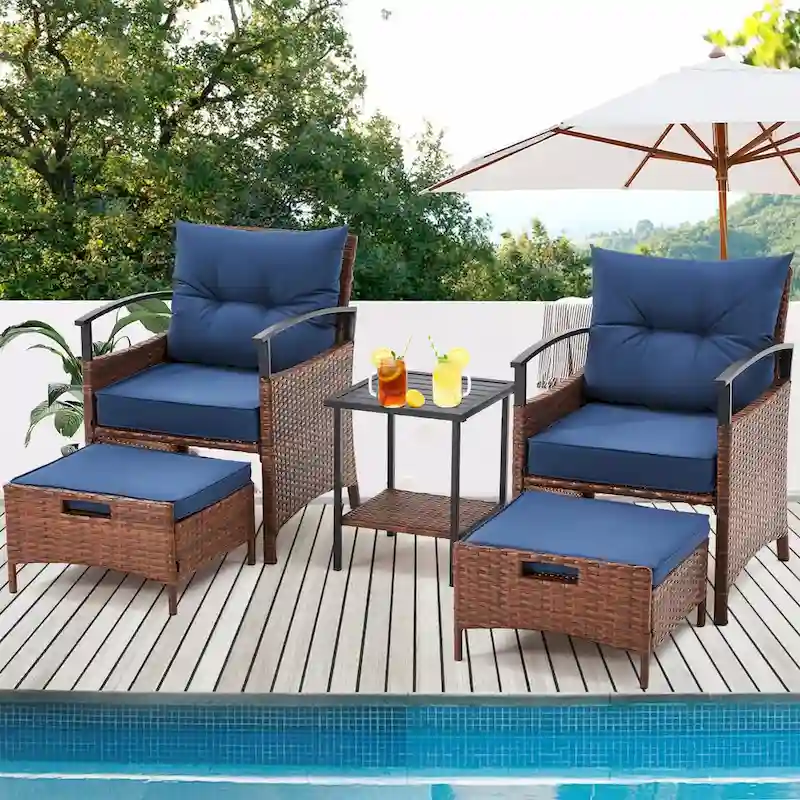 AVAWING 5-Piece Patio Furniture Set Wicker Conversation Set with Coffee Table and Ottoman