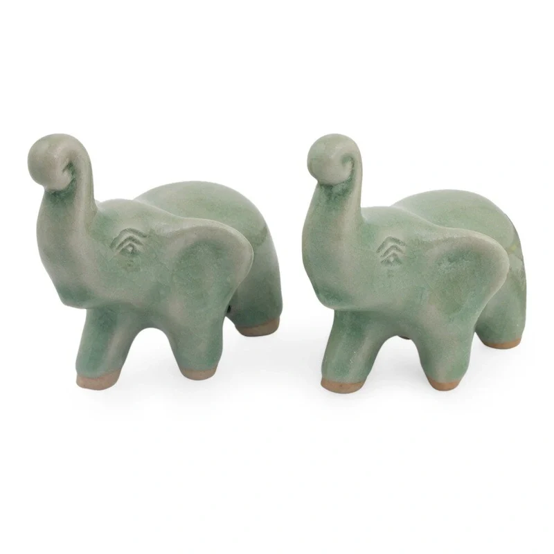 Handmade Lucky Green Elephants Celadon Ceramic Figurines, Set of 2 (Thailand)