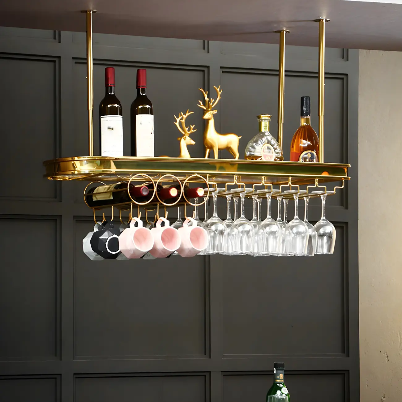 Modern Gold Metal Wine Rack with Glass Holder