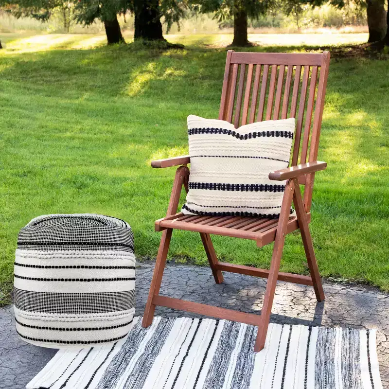 Northlight 18 White and Black Striped Outdoor Woven Pouf Ottoman
