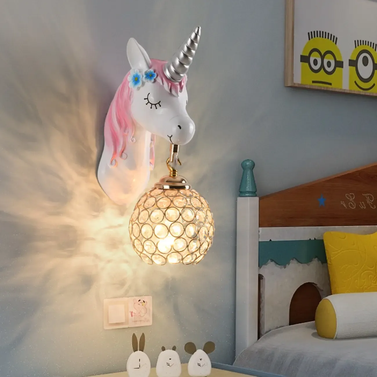 Kids Unicorn Wall Sconce with Crystal Globe for Bedroom