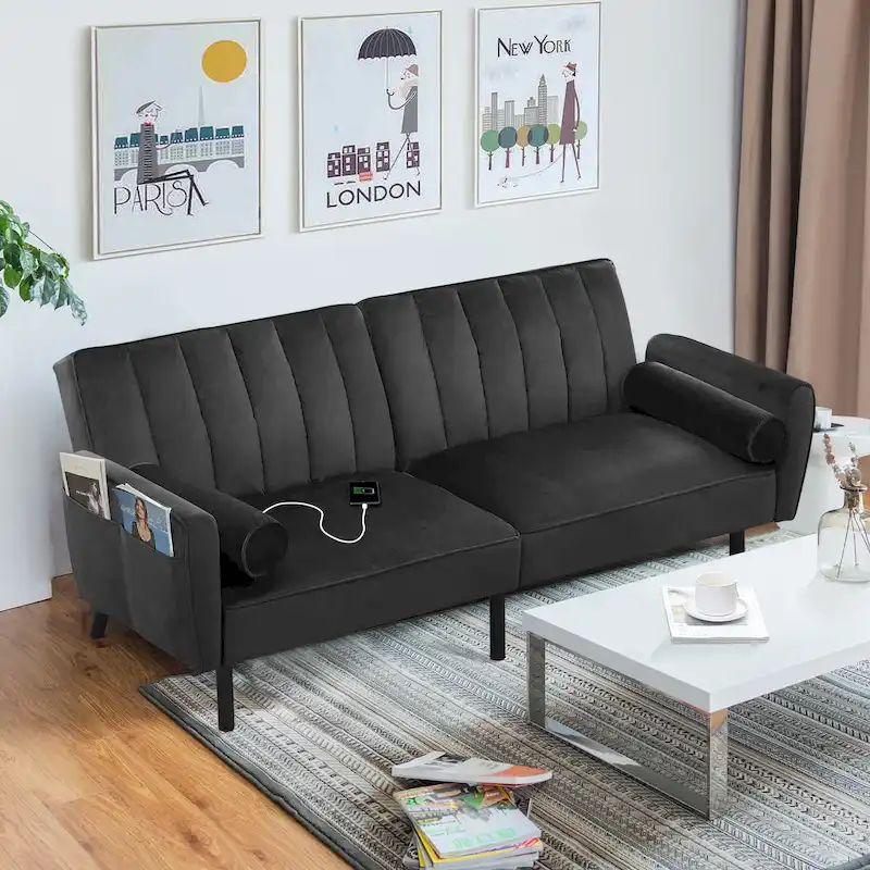 Velvet Futon Sofa Bed Convertible Sofa Couch with Adjustable Backrest, Daybed Guest Bed for Living Room - 2-Person