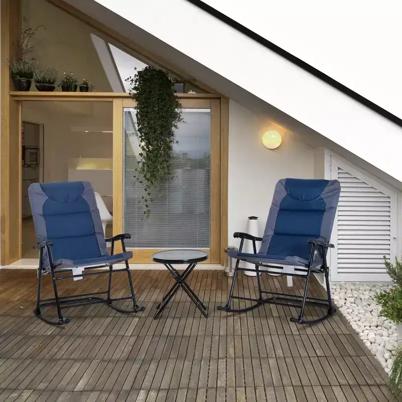 3 Piece Outdoor Patio Furniture Set with Glass Coffee Table & 2 Folding Padded Rocking Chairs, Bistro Style for Porch, Camping, Balcony
