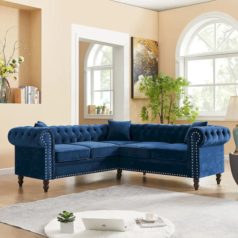 Deep Button Rolled Arm Classic Chesterfield L Shaped Sectional Sofa