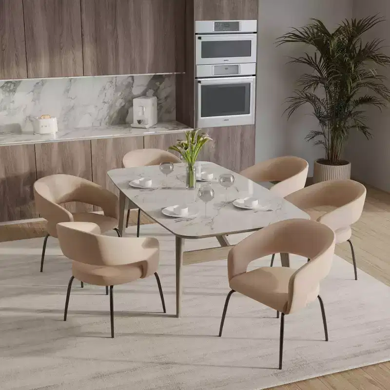 LeisureMod Dining Chair Upholstered in Velvet/Leather with Open Curved Backrest and Powder-Coated Iron Legs Gavin Collection Set of 2