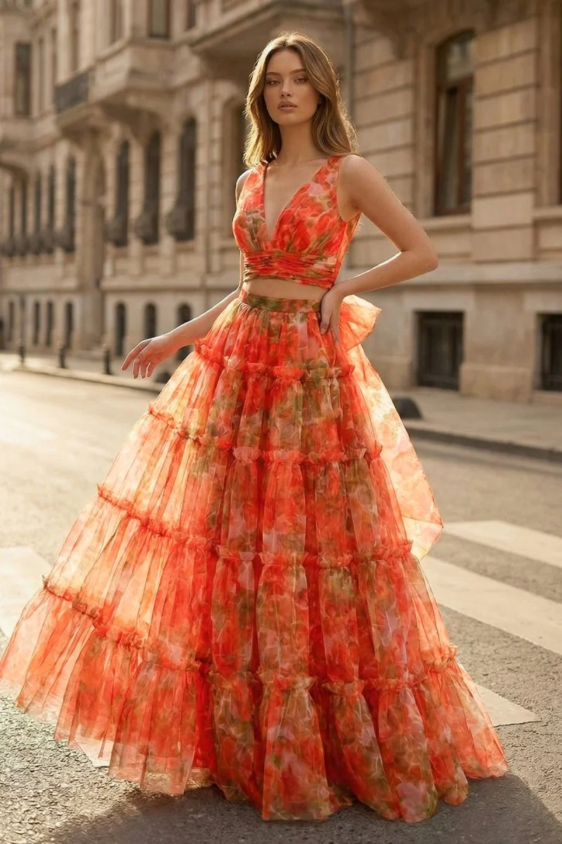 Orange Two Piece V-Neck Floral Printed Long Prom Dress