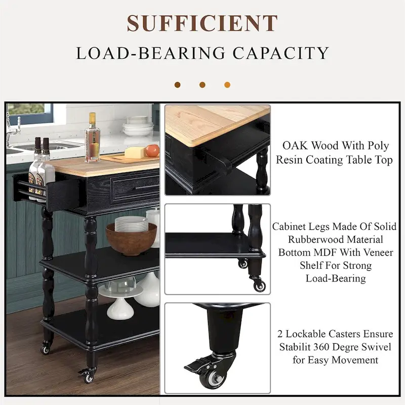 Rolling OAK Wood Top Kitchen Cart with Wine Rack and 2 Drawers