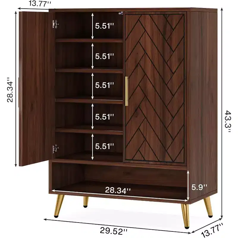 Lantine 6-Tier Entryway Shoe Cabinet with Doors for 24 Pairs, Wooden Storage with Adjustable Shelves and Gold Legs for Living Room, Bedroom, Walnut