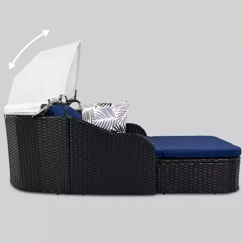 GDFStudio Sidney Patio Modern PE Rattan Double Chaise Lounge Daybed with Adjustable Canopy, Cushions and Pillows