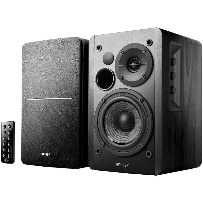 42-Watt-Continuous Bluetooth R1280DB Powered Bookshelf Speaker Set with 4-In. Woofers, RCA/Aux/Optical/Coaxial, and Remote, Pair
