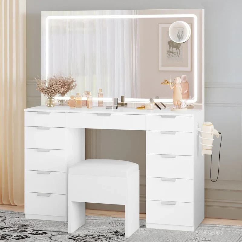 11-Drawer Makeup Vanity with Large LED Lighted Mirror, Charging Station & Hair Dryer Rack - White 46