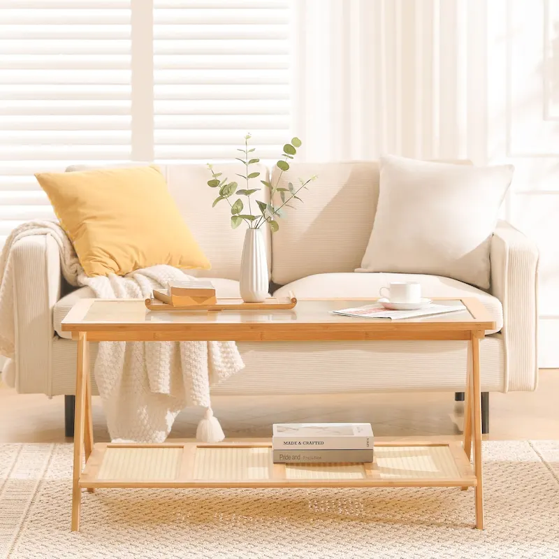 Bamboo Glass Top Side Table Accent End Table with Magazine Rack