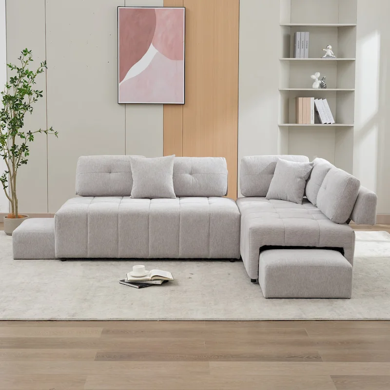 91.73  L-Shaped 4 Seater Sectional Sofa with 2 Hidden Stools, 2 Removable Lumbar Pillows, and Durable Chenille Upholstery