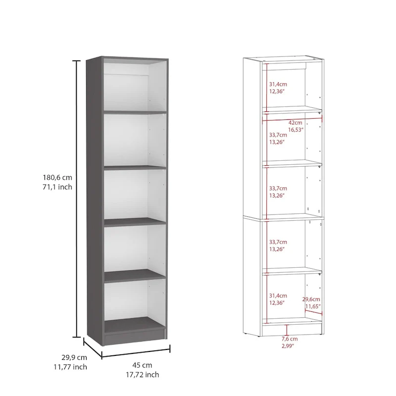 60 Wide 5-Shelf and Cabinet Bookcase Set of 3 Matt Grey - White