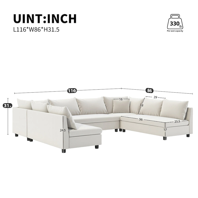 116 Chenille U-Shaped Modular Sectional Sofa, 8-Seater