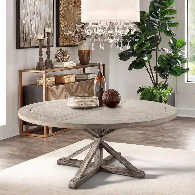 Krakova Rustic X-Base Round Pine Wood Dining Table