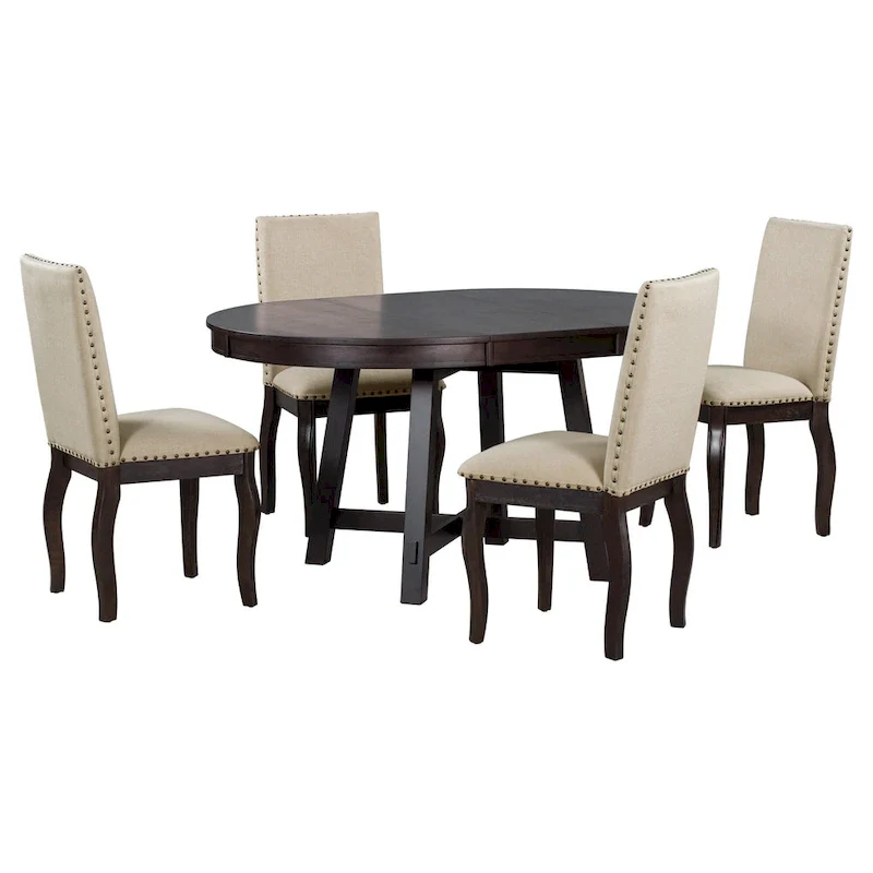 5-Piece Wooden Dining Table Set with Extendable Round Table & 4 Chairs