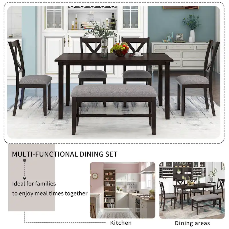 Nestfair 6-Piece Dining Table Set with 4 Fabric Chairs and Bench