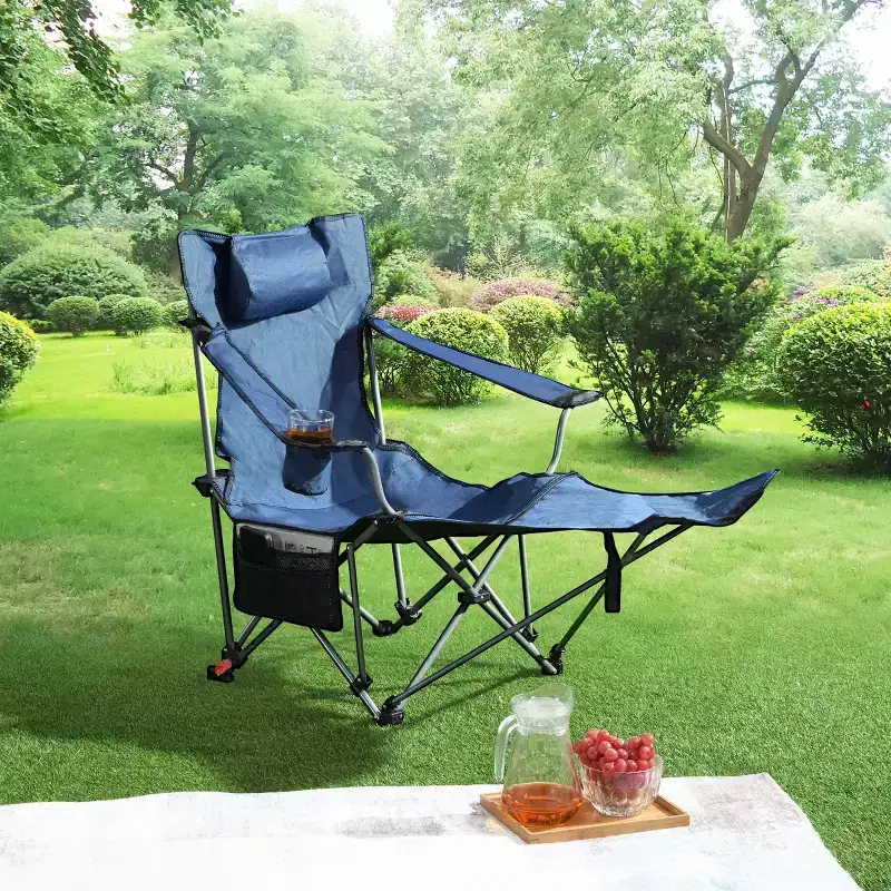 Okak Portable Camping Chairs with Three-Level Adjustable Reclining, Folding Chair with Side Pockets & Cup Holder, Beach Chair for Outdoor, Dark Blue